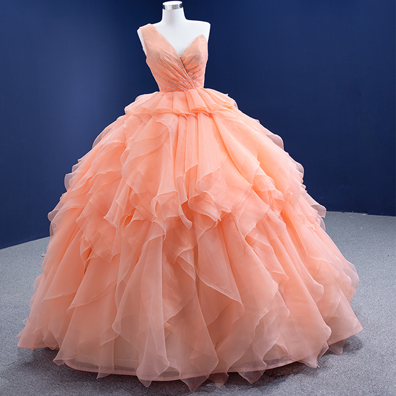 Orange One shoulder Ball gown prom dress stain wedding dress 
